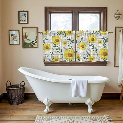 Yellow Daisy Tier Curtains, Farmhouse Country Flower Leaf Plant Wood Grain Light Filtering Kitchen Curtains, 2Pcs Rod Pocket Half Window Treatments Panels for Sink Cafe Cabinet Camper 27.5x24 Inches