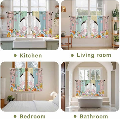 Easter Kitchen Curtains 54 Inch Long 2 Panel Set, Rod Pocket Window Curtains Panels, Spring Colorful Bunny Eggs Flower Wood Grain Light Filtering Privacy Draperies for Bedroom Laundry 42"W x 54"L