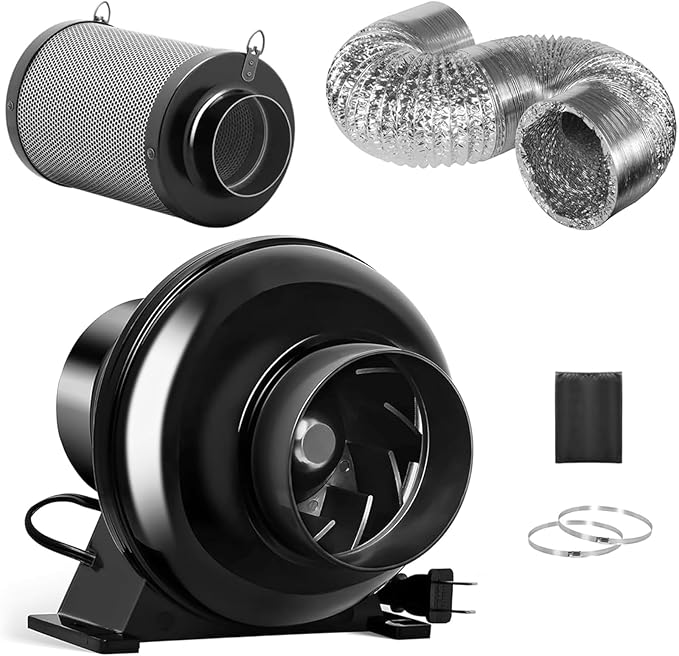 iPower 4" 195 CFM Inline Fan with Upgrade Air Carbon Filter, 8 FT Silver Ducting, Ventilation System for Grow Tent, Hydroponics, Air Circulation