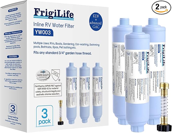 RV Water Filter, NSF/ANSI 42, for RVs Marines, Boats, Campers, for Drinking, Washing, Gardening, Camping, Planting, and Spa, Reduces Chlorine, Bad Taste Odor with Hose Protector, 2PACK