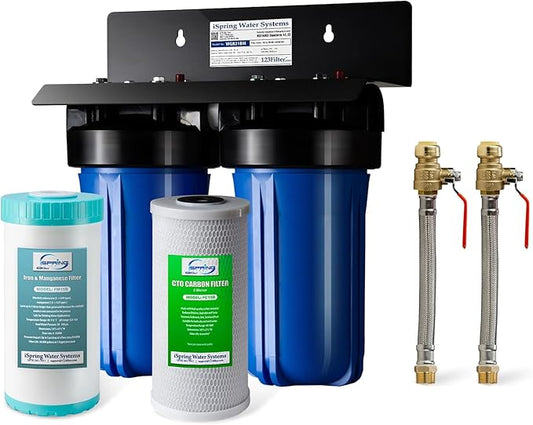 iSpring WGB21BM+AHPF12MNPT16X2 2-Stage Whole House Water Filtration System w/ 3/4'' Push-Fit Braided Stainless Steel Hose Connectors, Carbon Block and Iron & Manganese Reducing Filters