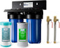iSpring WGB21BM+AHPF12MNPT16X2 2-Stage Whole House Water Filtration System w/ 3/4'' Push-Fit Braided Stainless Steel Hose Connectors, Carbon Block and Iron & Manganese Reducing Filters