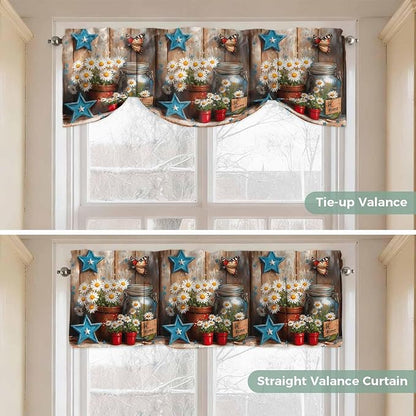Country Flower Tie Up Valance for Window, Western Texas Star Butterfly Barn Door Adjustable Balloon Window Shade Valance Curtain for Kitchen Cafe Bathroom Window Treatment Panel 42''x12''