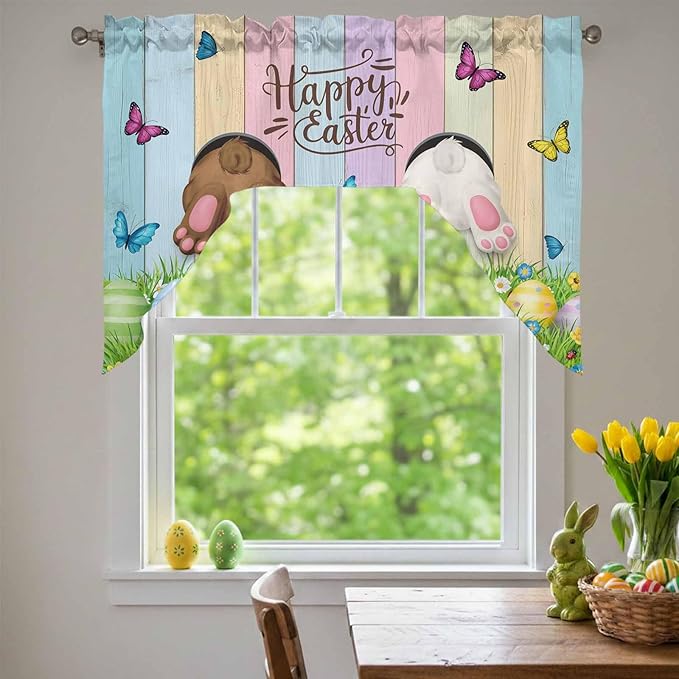Swag Valance Curtains, Happy Easter Rabbit Butt Egg on Daisy Leaf Rod Pocket Valances Swag Topper for Kitchen Windows, Bufferfly on Wood Barn Light Filtering Short Curtain for Bedroom Bathroom 56x36In
