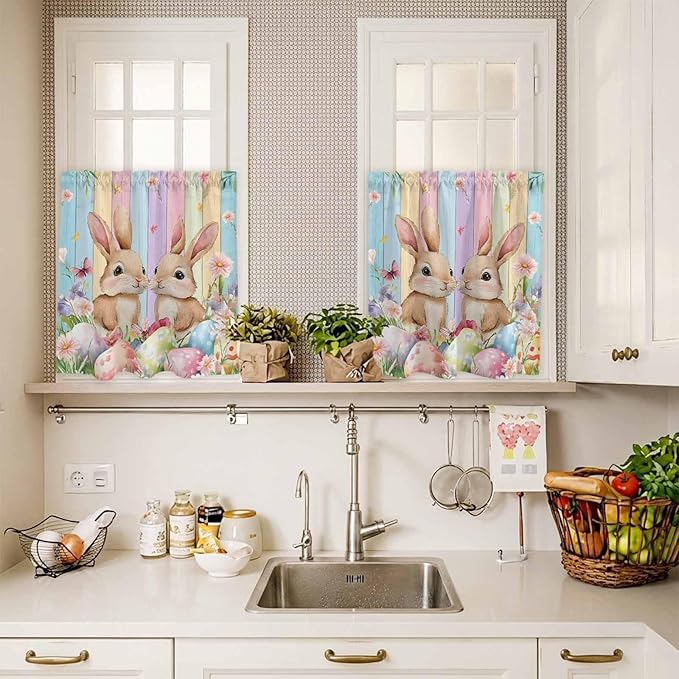 Easter Kitchen Curtains Set 3 Piece for Windows, Rod Pocket Valance and Tier Set 36 Inch Length, Spring Bunny Eggs Botanical Floral Wooden Grain Light Filtering Cafe Curtains for Living Room Bathroom