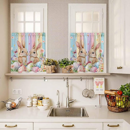 Easter Kitchen Curtains Set 3 Piece for Windows, Rod Pocket Valance and Tier Set 36 Inch Length, Spring Bunny Eggs Botanical Floral Wooden Grain Light Filtering Cafe Curtains for Living Room Bathroom