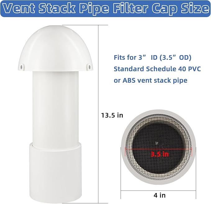 3 Inch Vent Stack Pipe Filter,Sewer Vent Filter Septic Tank Roof Vent Filters Cap for PVC Plastic Pipes Plumbing Air Exhaust,Vents Stack Filters Remove Outdoor Septic and Sewer Odors,with Mushroom Cap