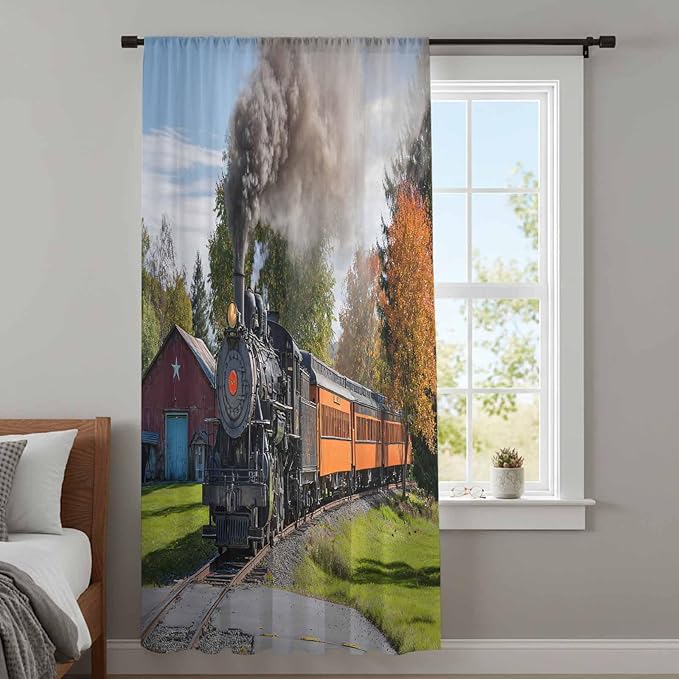 Steam Train Sheer Curtains 108 Inch Length Railroad Country Barn Rustic Trees Farmhouse Chiffon Curtain for Bedroom Living Room Light Filtering Rod Pocket Window Treatments Voile Curtains Drapes