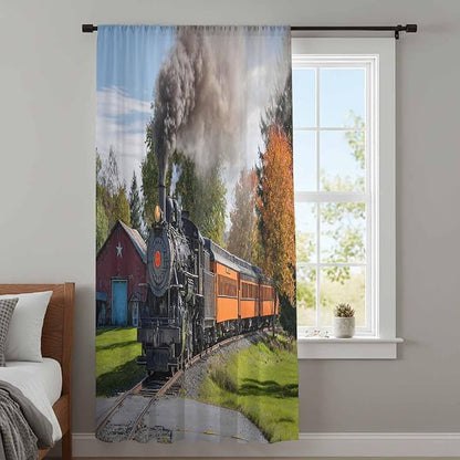Steam Train Sheer Curtains 45 Inch Length Railroad Country Barn Rustic Trees Farmhouse Chiffon Curtain for Bedroom Living Room Light Filtering Window Treatments Voile Curtains Drapes for Kitchen