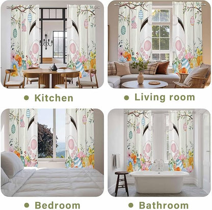 Easter Window Curtains 72 Inch Long 2 Panel Set,Rod Pocket Long Curtains & Drapes,Spring Farmhouse Watercolor Bunny Eggs Wood Grain Light Filtering Window Treatment for Bedroom Living Room 52"W x 72"L