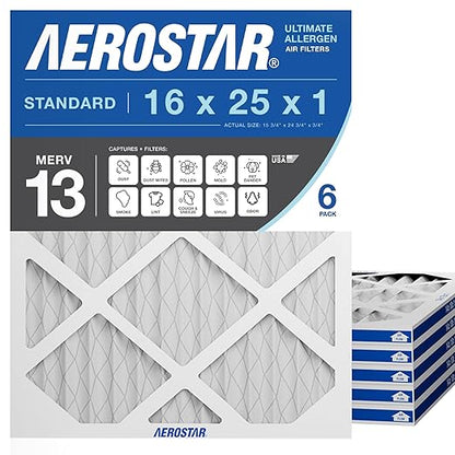Aerostar 16x25x1 MERV 13 Air Filter, 6 Count, ACTUAL SIZE (15.75 x 24.75 x 0.75), HVAC, Air Conditioning & Furnace Filter for Allergies, Dust, Pet Dander & Smoke (MPR 1500 / FPR 10), Made in USA
