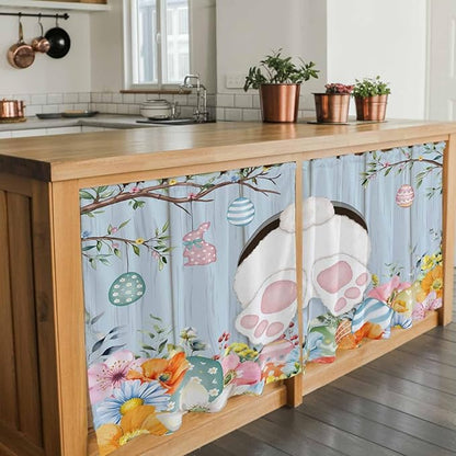 Easter Kitchen Tier Curtains 24 Inch Long 2 Panel Set,Rod Pocket Cafe Small Window Curtains Over Sink,Spring Watercolor Bunny Eggs Flower Wood Grain Blue Light Filtering Short Drapes 27.5"W x 24"L