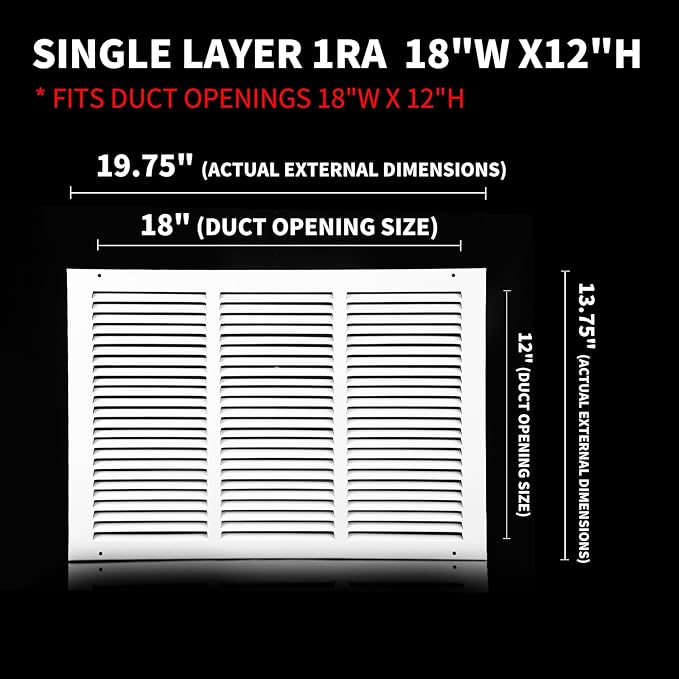 18x12 Return Air Grille(Duct Opening Size),Air Return Vent Cover,Flat Vent Cover,Rejillas De Aire Acondicionado Para Casa,Return Air Grilles,Outer Dimensions:19.75"Wx13.75"H(18"W x 12"H, Duct Opening)