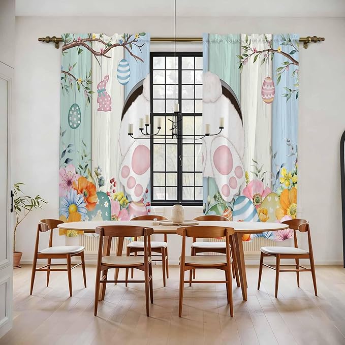 Easter Window Curtains 72 Inch Long 2 Panel Set,Rod Pocket Long Curtains & Drapes,Spring Watercolor Bunny Eggs Wood Grain Teal Blue Light Filtering Window Treatment for Bedroom Living Room 52"W x 72"L
