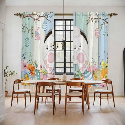 Easter Window Curtains 72 Inch Long 2 Panel Set,Rod Pocket Long Curtains & Drapes,Spring Watercolor Bunny Eggs Wood Grain Teal Blue Light Filtering Window Treatment for Bedroom Living Room 52"W x 72"L