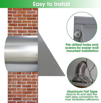 6 Inch Hooded Wall Vent with Screen and Damper,6 Inch Exhaust Vent Cover Cap for Outdoor Kitchen Range Hood Dryer Ventilation,Outside Wall Mount Extractor for House Air Exhaust, Galvanized Steel,Gray