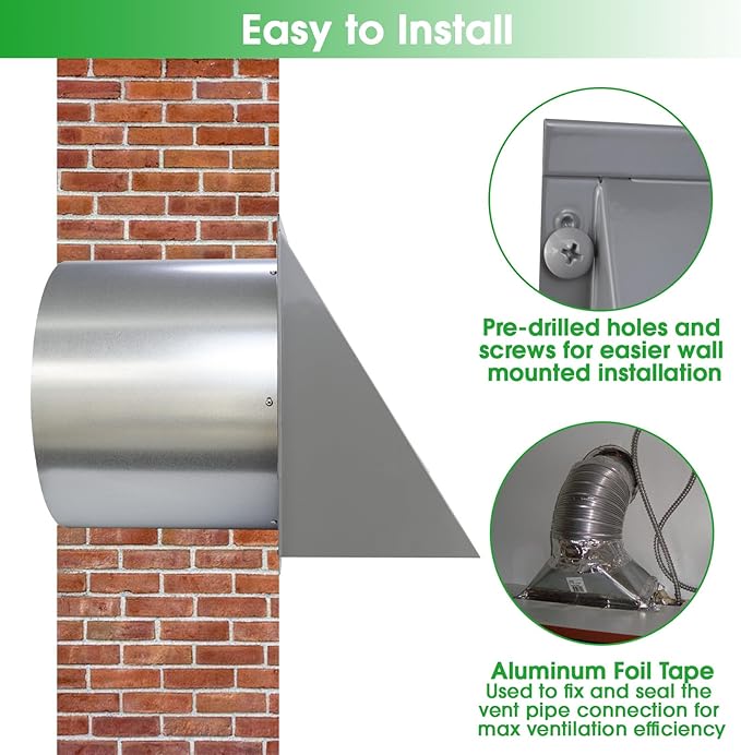 8 inch Hooded Wall Vent with Screen and Damper,Wall Vent Cover Exhaust Vent Outdoor Wall Cap Exterior Air Vent Cover for Kitchen Range Hood HVAC Duct Dryer Ventilation,Galvanized Steel,Gray