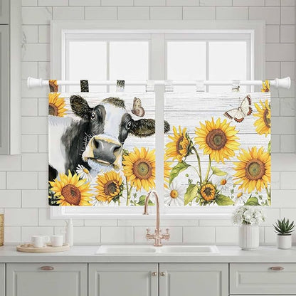 Retro Farmhouse Floral Kitchen Curtains 36 Inch Length, Small Window Curtains Tab Top, Yellow Sunflowers Cows Butterfly Wood Light Filtering Short Window Treatments Tier Drapes 27.5"x36" 2 Panel
