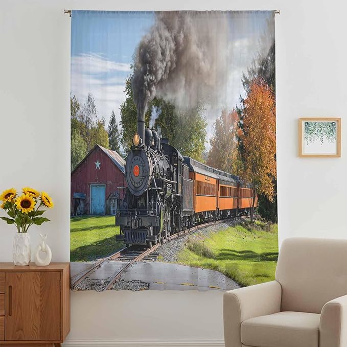 Steam Train Sheer Curtains 108 Inch Length Railroad Country Barn Rustic Trees Farmhouse Chiffon Curtain for Bedroom Living Room Light Filtering Rod Pocket Window Treatments Voile Curtains Drapes