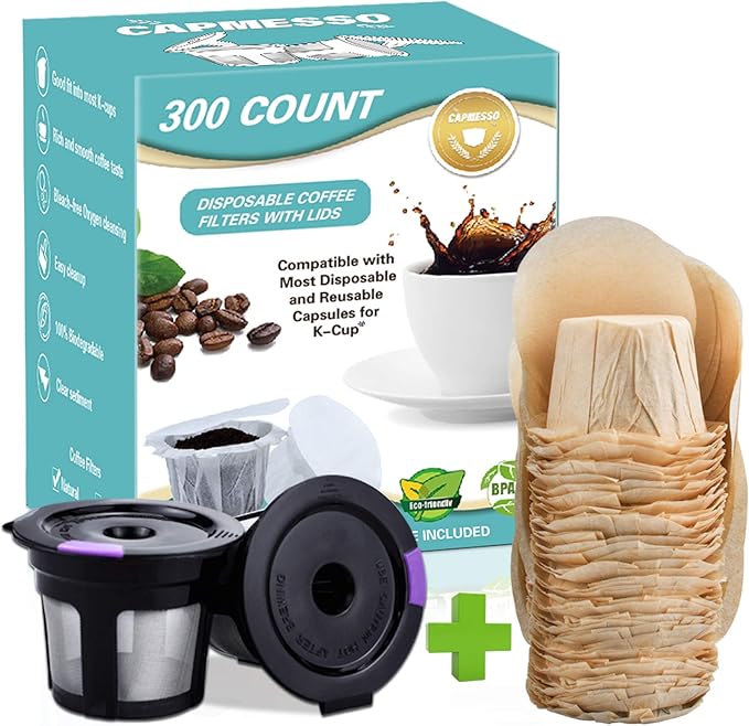 2 Reusable Keurg Cups & 300 Unbleached Keurg Coffee Pods Paper Filters with Lids,Disposable Keurg Filters Single Serve Coffee Filters Compatible with Keurg 2.0&1.0 Coffee Maker