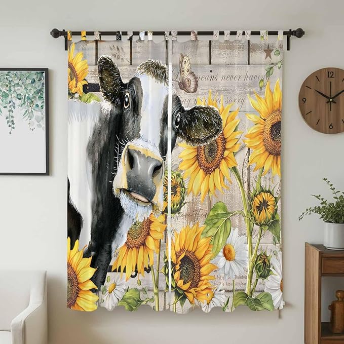 Yellow Sunflowers Living Room Curtains 96 Inch Length, Window Curtains Tab Top, Farmhouse Cow Barn Doors Floral Butterfly Light Filtering Window Treatments Drapes 52"x96" 2 Panel