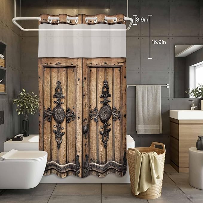 Wood Barn Door No Hook Shower Curtain with Snap in Liner Set, Waterproof Shower Curtains for Bathroom, Wooden Plank Fabric Shower Curtain, See Through Mesh Top Window, 36" W x 72" L