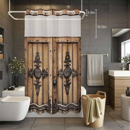 Wood Barn Door No Hook Shower Curtain with Snap in Liner Set, Waterproof Shower Curtains for Bathroom, Wooden Plank Fabric Shower Curtain, See Through Mesh Top Window, 36" W x 72" L