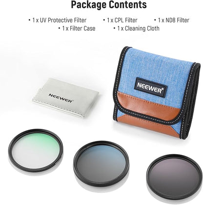 NEEWER 67mm UV/CPL/ND Lens Filter Kit, UV Protection + Circular Polarizing + Neutral Density (ND8) Camera Lens Filter Set with Multicoated Optical Glass, Slim Frame & Upgraded Foldable Storage Case