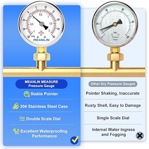 MEANLIN MEASURE -30inHG~30Psi Vacuum Gauge Stainless Steel 1/4" NPT 2" FACE DIAL Waterproof for Air Compressor HVAC Negative Pressure Hand Pump Pool Lower Mount, with 1/2" NPT and 3/8" NPT Hex Bushing