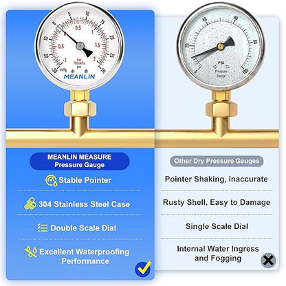 MEANLIN MEASURE -30inHG~30Psi Vacuum Gauge Stainless Steel 1/4" NPT 2" FACE DIAL Waterproof for Air Compressor HVAC Negative Pressure Hand Pump Pool Lower Mount, with 1/2" NPT and 3/8" NPT Hex Bushing