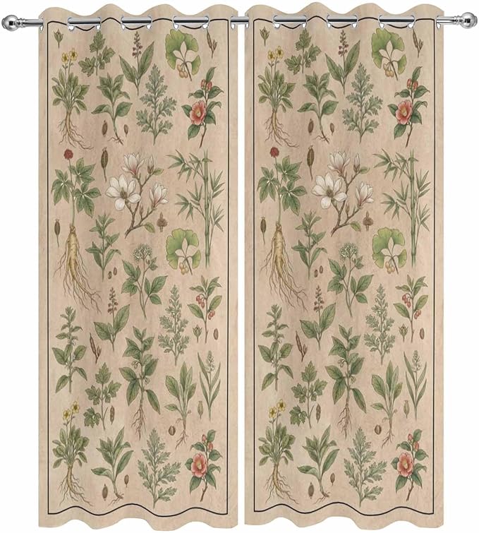 Vintage Outdoor Curtains for Patio Grass Herbal Botanical Garden Plants Waterproof Outside Curtains with Grommet Top Weatherproof Curtain for Cabana Pergola Gazebo, 2 Pack, 54" W x 108" L