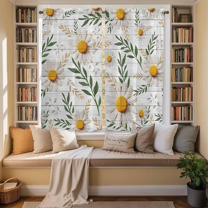 Spring Daisy Kitchen Curtains, Farmhouse Country Flower Leaf Plant Wood Grain Light Filtering Window Curtain Panels, 2Pcs Rod Pocket Window Treatments Set for Living Room Bathroom Bedroom 42x63 Inches