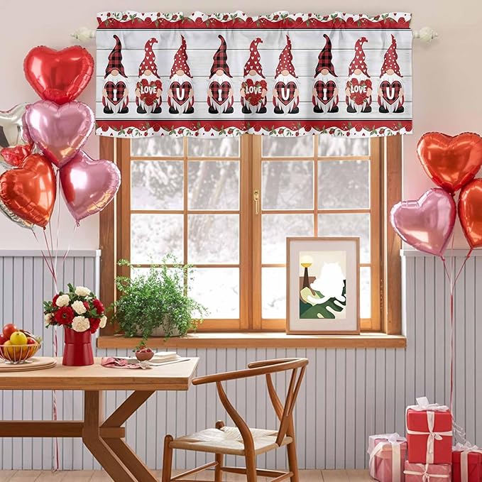 I Love U Valance Curtains for Kitchen, Valentine's Day Dwarf Romantic Wood Grain Privacy Rod Pocket Valance Curtain, Light-Filtering Window Treatment for Bedroom Bathroom, 54"x18"