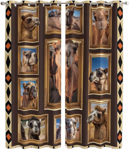 2 Panel Kitchen Cafe Curtains, Wildlife Camels Sunlight Filtering Nature Air Through, Home Decor Window Covering Tier Curtains for Living Room 104W x 90L inch Deserts Animals Brown Geometric Rustic