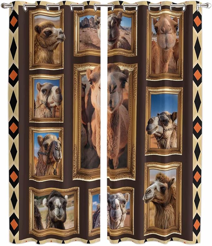 2 Panel Kitchen Cafe Curtains, Wildlife Camels Sunlight Filtering Nature Air Through, Home Decor Window Covering Tier Curtains for Living Room 104W x 96L inch Deserts Animals Brown Geometric Rustic