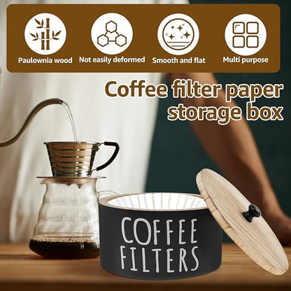 Coffee Filter Holder, Wooden Large Capacity Rustic Coffee Filter Storage Case Dispenser with Bamboo Lid, Round Organizer Basket Container Storage for Pod and Filter, Coffee Bar Accessories