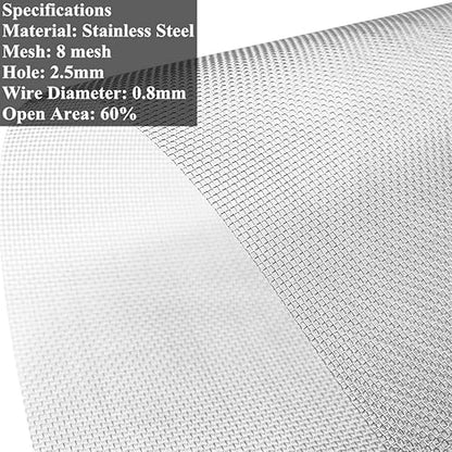 TIMESETL 2 Pack 304 Stainless Steel Woven Wire 8 Mesh, 12"x24"(30cmx60cm) Cabinets Wire Mesh Garden Guard Screen Metal Security Mesh Window Screen Mesh Net