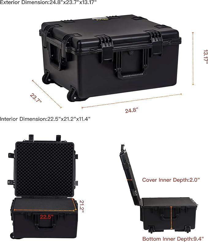 MEIJIA Portable All Weather Waterproof Hard Case, Camera Case with Customizable Fit Foam And Rolling Wheels, 24.8"X23.7"X13.17",Elegant Black
