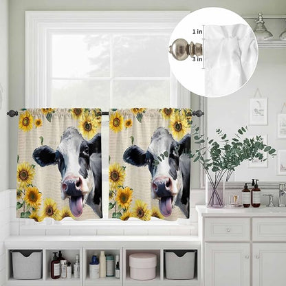 Kitchen Curtains Tiers and Valance Set of 3, Cow Sunflowers Light Filtering Window Curtain Set, Country Vintage Animals Floral Leaves Rod Pocket Curtain Drapes for Cafe, Living Room, 36 Inches Tiers