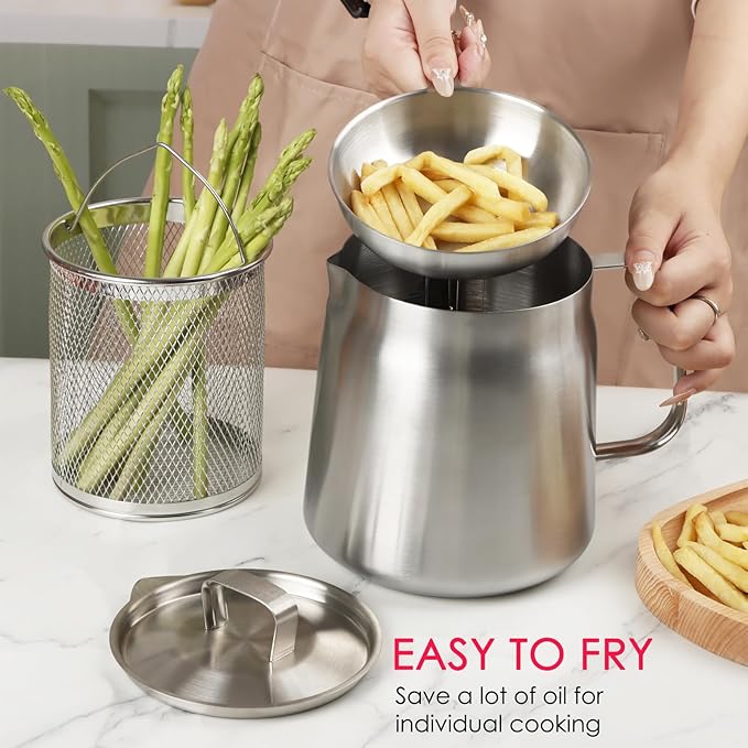 68oz 304 Stainless Steel Oil Filter Pot, Heavy Duty Bacon Grease Container & Deep Fryer Basket, Large Capacity Multi-function Oil Filter Vessel with Strainer for Kitchen Storing Frying Cooking Grease