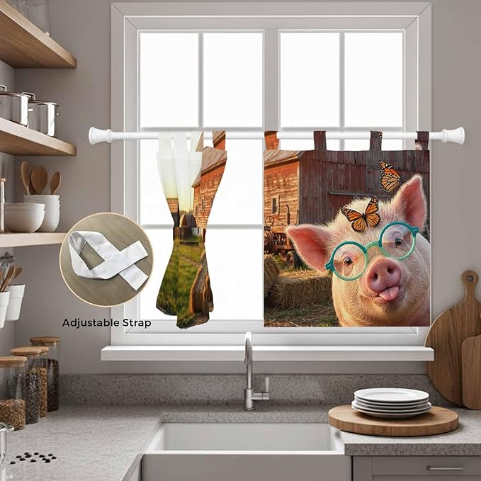 Farm Pig Kitchen Curtains 36 Inch Length, Small Window Curtains Tab Top, Farmhouse Barn Funny Animals Butterfly Light Filtering Short Window Treatments Tier Drapes 27.5"x36" 2 Panel