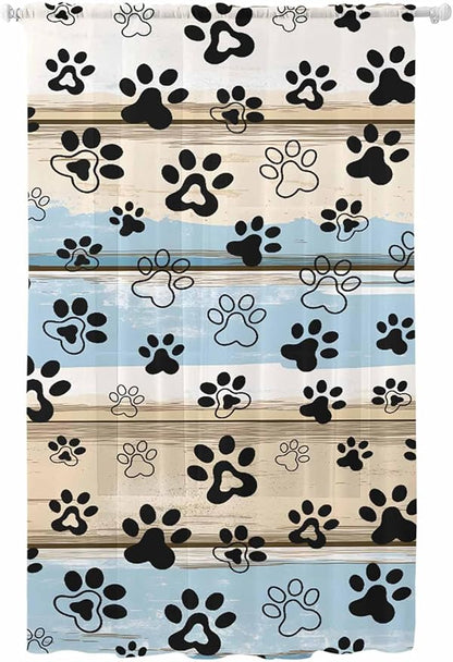 Sheer Curtains 108 Inches Long, Blue Dog Paw Print Semi Sheer Curtains Light Filtering Window Treatment, Vintage Farmhouse Rustic Wooden Grain Privacy Voile Drapes for Living Room Bedroom 52x108 Inch