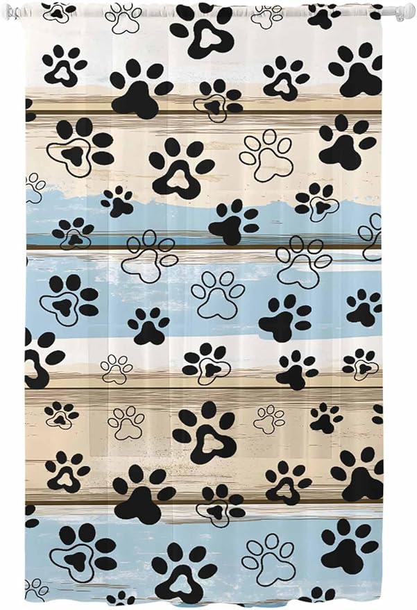 Sheer Curtains 96 Inches Long, Blue Dog Paw Print Semi Sheer Curtains Light Filtering Window Treatment, Vintage Farmhouse Rustic Wooden Grain Privacy Voile Drapes for Living Room Bedroom 52x96 Inch