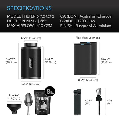 AC Infinity Refillable Carbon Filter Kit 6” with Additional Refill, Odor Removal Air Scrubber For 6" Inline Fan and Ducting, Reusable Charcoal Filter for Grow Tent Grow Room Hydroponics