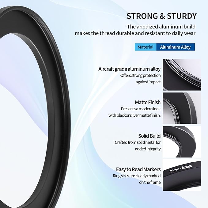 49-82mm Step-Up Ring Adapter, 49mm to 82mm Step Up Filter Ring for 49mm Lens Mount 82mm for DSLR Lenses and ND UV CPL IR Filters （49-82mm）