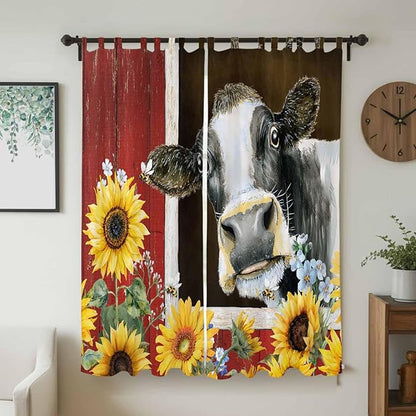 Cows Sunflowers Living Room Curtains 84 Inch Length, Window Curtains Tab Top, Rustic Farms Barns Flowers Bees Animals Light Filtering Window Treatments Drapes 52"x84" 2 Panel