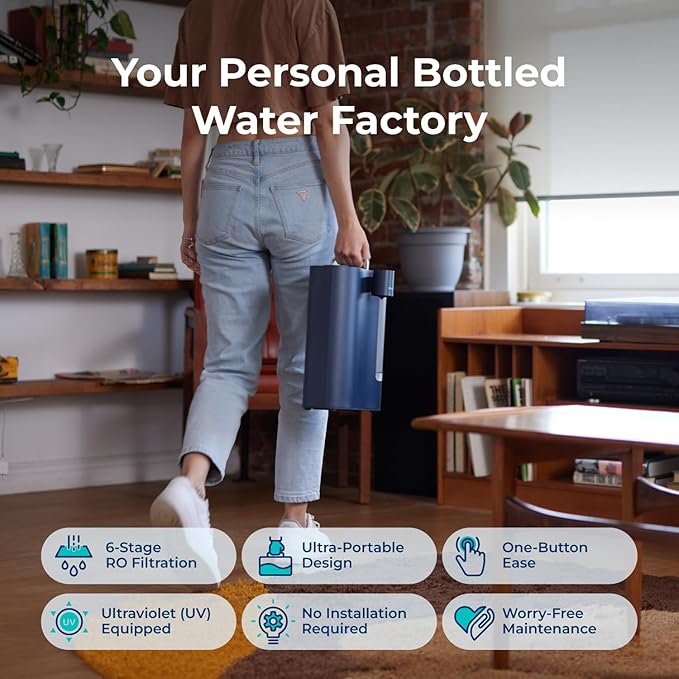 Bluevua RO100ROPOT-Travel Reverse Osmosis System Countertop Water Filter, Compact 6-Stage Filtration with UV, Includes Glass Bottle, Portable Water Purifier for Home & Travel, Blue