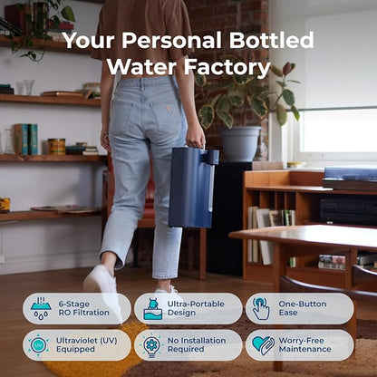 Bluevua RO100ROPOT-Travel Reverse Osmosis System Countertop Water Filter, Compact 6-Stage Filtration with UV, Includes Glass Bottle, Portable Water Purifier for Home & Travel, Blue