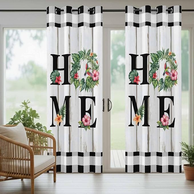 Summer Outdoor Curtains for Patio Leaves Garland Plumeria Wood Buffalo Plaid Waterproof Outside Curtains with Grommet Top Weatherproof Curtain for Cabana Pergola Gazebo, 1 Panel, 54" W x 84" L