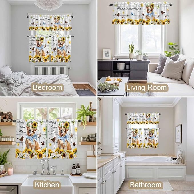 Kitchen Curtains Tiers and Valance Set of 3, Sunflowers Dog Light Filtering Window Curtain Set, Spring Watercolor Floral Stars Wood Grain Rod Pocket Curtain Drapes for Living Room, 36 Inches Tiers